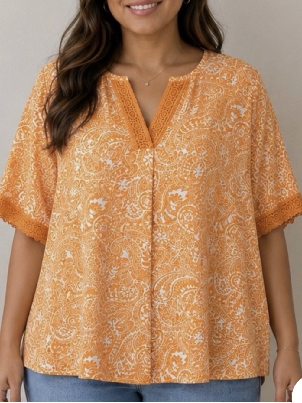 Isaac Mizrahi Printed Elbow Sleeve Top  Crochet Trim NWT Women’s Size 1X Orange